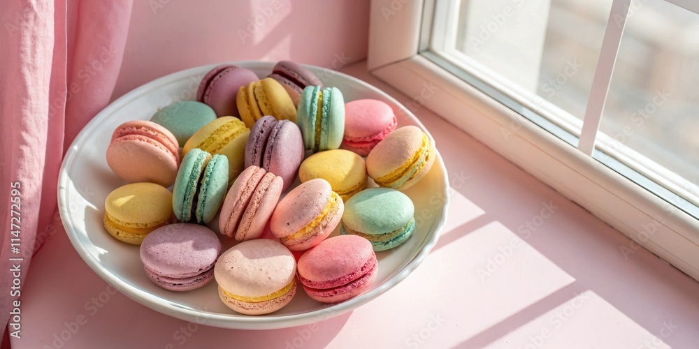 Poster a plate of colorful macarons, beautifully arranged on a soft pink surface with a window casting sunl