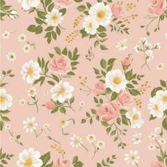 Floral pattern featuring colorful roses and daisies on a soft pink background for decorative purposes. Generative AI