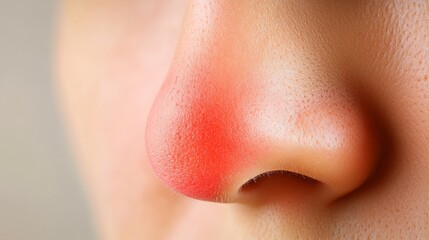 Close up of red irritated nose, emphasizing the discomfort and struggle of allergies or cold symptoms, highlighting the human vulnerability and resilience in the face of common ailments.