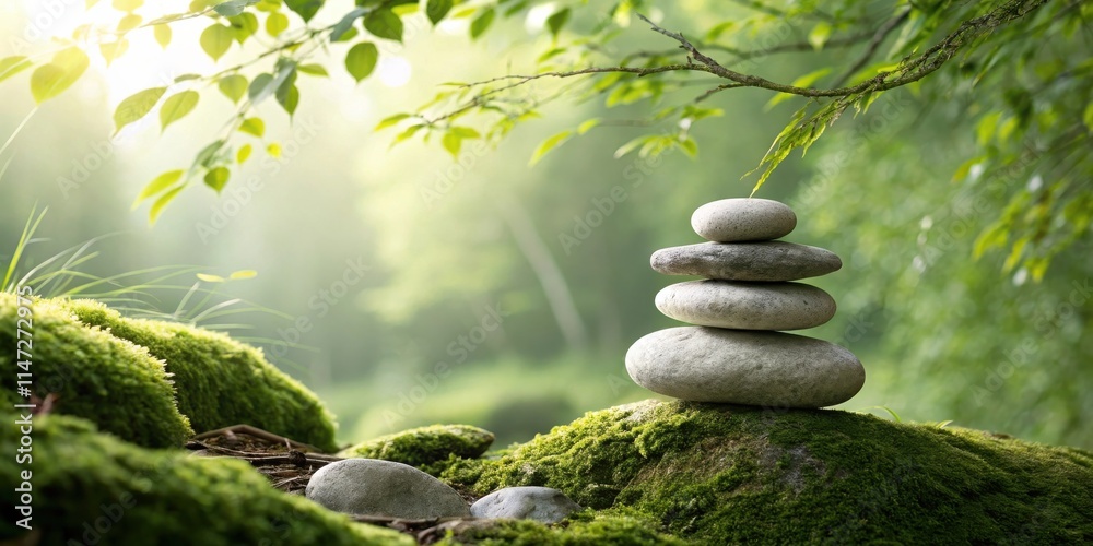 Poster a stack of stones rests on a bed of moss in the dappled sunlight of a lush forest.