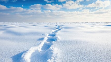 Obraz premium Traces in the snow leading through a vast, quiet winter landscape, conveying a sense of solitude and tranquility against the backdrop of untouched snow