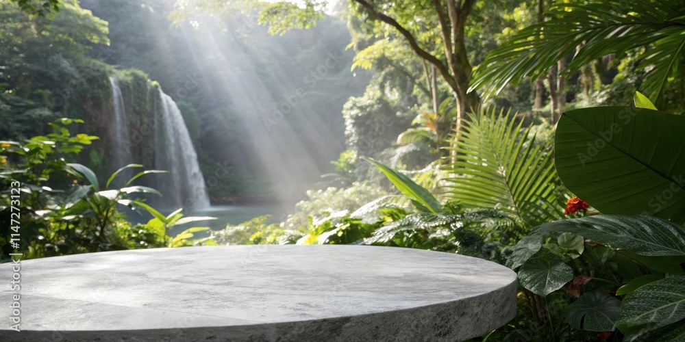 Poster a stone tabletop with a blurred background of a serene waterfall cascading into a tranquil pool surr