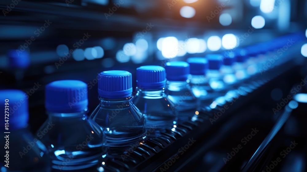 Aufkleber Water bottles with blue caps traveling through an automated assembly line under soft lighting, capturing the streamlined motion and clean design of production