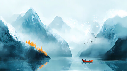 The fjord is immersed in morning mist. Fjordic. Illustration
