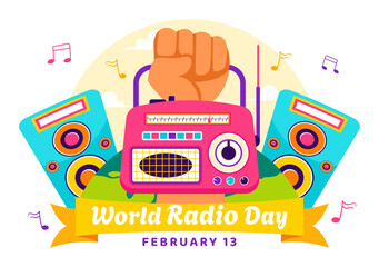 Obraz premium World Radio Day Vector Illustration on 13 February Depicting Technology, Science, and Communication in a Flat Style Cartoon Background