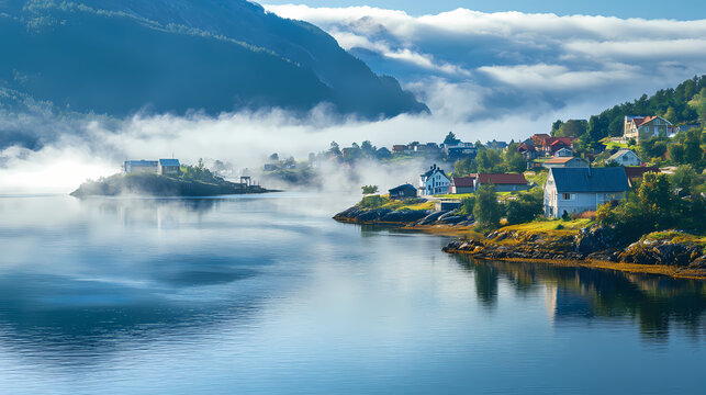 The fjord is immersed in morning mist. Fjordic. Illustration