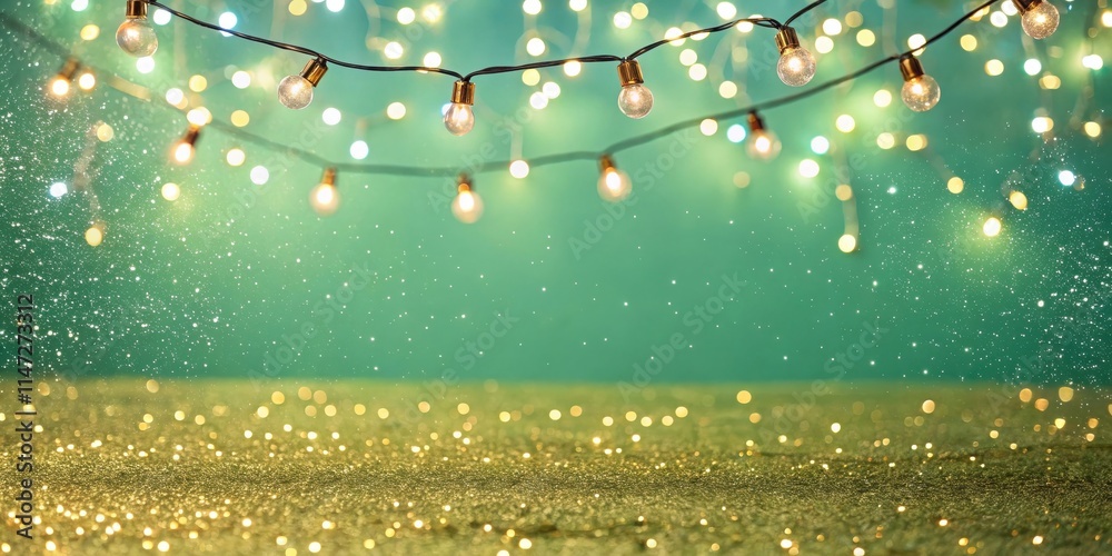 Poster sparkling gold glitter and string lights against a teal background