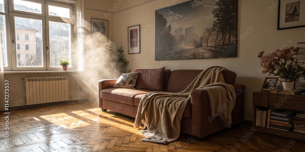 Poster sunlight streams through a window, illuminating a cozy living room with a brown sofa draped in a sof