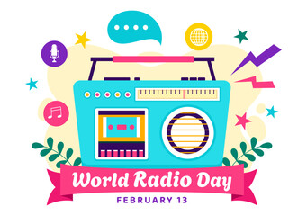 World Radio Day Vector Illustration on 13 February Depicting Technology, Science, and Communication in a Flat Style Cartoon Background