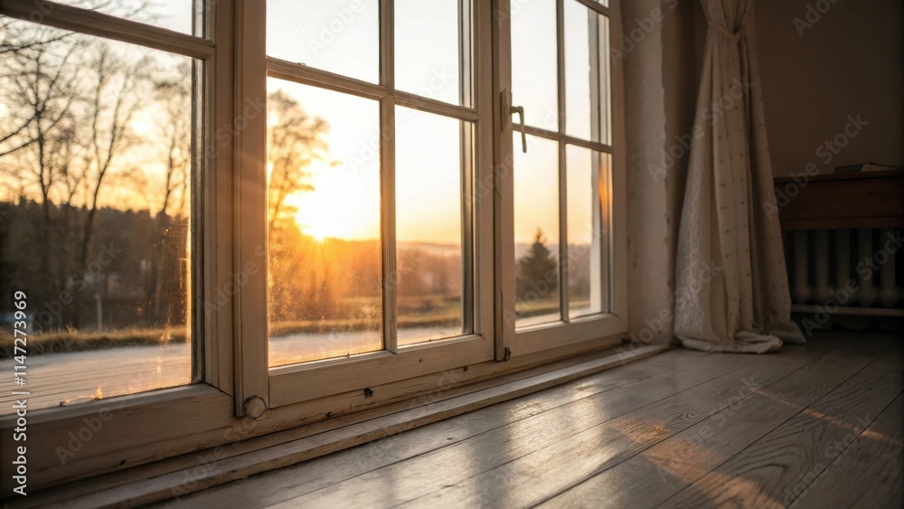 Poster sunlight streaming through a window onto a hardwood floor, casting warm shadows and creating a sense