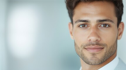 Naklejka premium Confident young businessman with neat stubble smiles gently against a soft out of focus blue background.
