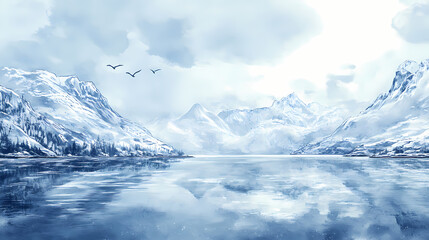 Obraz premium Winter fjord hand-drawn illustration. Fjordic. Illustration