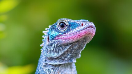 Close-up of a vibrant blue lizard's head and neck against a blurred green background.