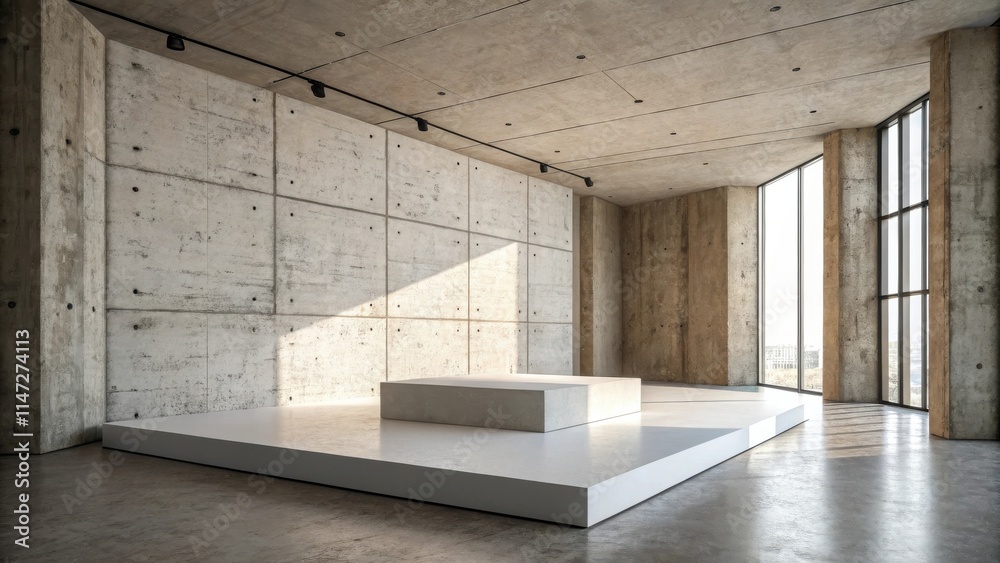 Aufkleber A minimalistic concrete room with a large window and a square platform in the middle