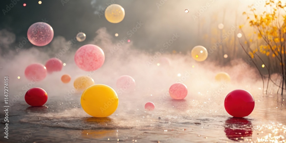 Poster a surreal dreamscape with floating balloons amidst a misty haze, reflecting the soft glow of dawn