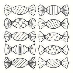 A vector illustration with a black and white line art style, presenting a variety of ice cream treats