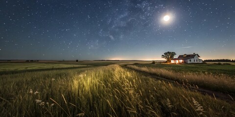 Fototapeta premium A lone house stands illuminated in a field bathed in the soft glow of moonlight, surrounded by tall grass and a sky filled with countless stars.