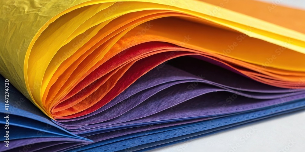 Poster Layers of colorful paper form an abstract and textured background, displaying a spectrum of hues from yellow to blue, creating a visually captivating display of color and texture.