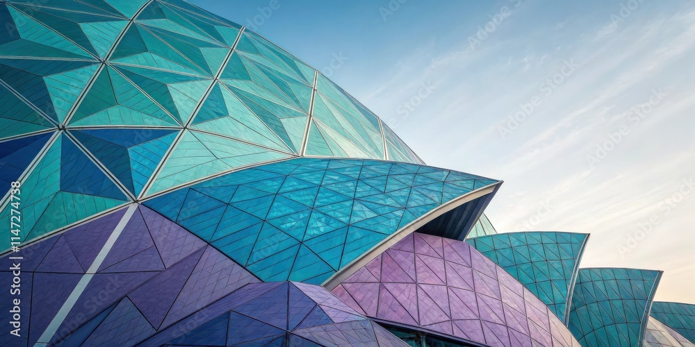 Poster Geometric Facade of a Modern Building with a Glass Dome, Composed of Triangular Panels, Creating a Playful Pattern of Light and Shadow