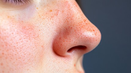 Close up of red irritated nose, emphasizing the discomfort and struggle of allergies or cold symptoms, highlighting the human vulnerability and resilience in the face of common ailments.