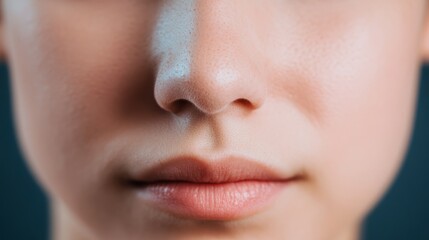 Fototapeta premium Close up of red irritated nose, emphasizing the discomfort and struggle of allergies or cold symptoms, highlighting the human vulnerability and resilience in the face of common ailments.