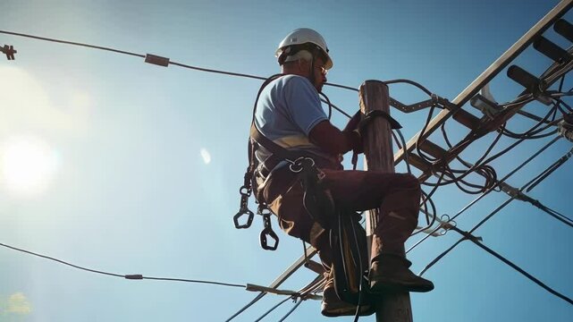Electrician wearing a safety harness and helmet is climbing an electricity pole, performing maintenance work on the power lines