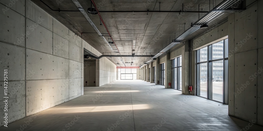 Aufkleber A long, empty corridor lined with large windows in a newly constructed concrete building.  The space is bathed in the soft glow of sunlight filtering through the windows.