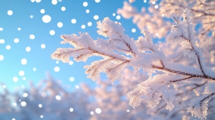 Delicate frost-covered branch sparkling under a winter sky with softly falling snowflakes creating a serene atmosphere