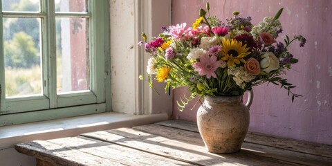 A rustic wooden table with a window view and a colorful bouquet of flowers in a worn clay pitcher