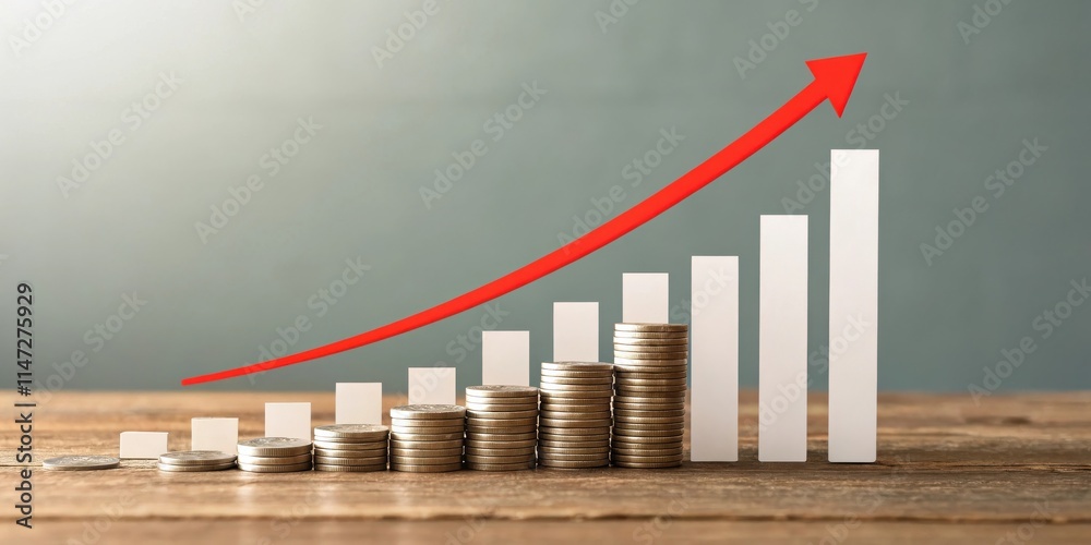 Poster a red arrow points upward over a bar graph represented by stacked coins, indicating growth and finan