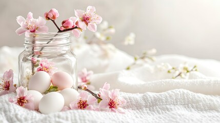 Delicate arrangement of pastel eggs surrounded by blooming cherry blossoms in a serene, springtime setting.