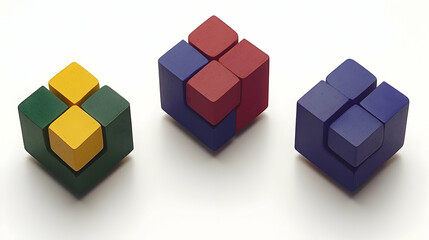 Obraz premium Three colorful geometric blocks arranged in unique structures on a white background.