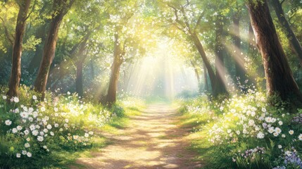 Obraz premium Sunlit Path Through A Flower Filled Forest