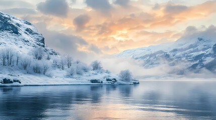 Fototapeta premium Snowy fjord landscape with soft light. Fjordic. Illustration