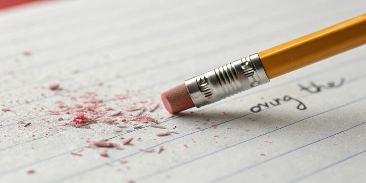 A yellow pencil with a pink eraser is lying on lined paper, leaving a trail of eraser shavings.  The eraser has just finished erasing the word oving from the paper.