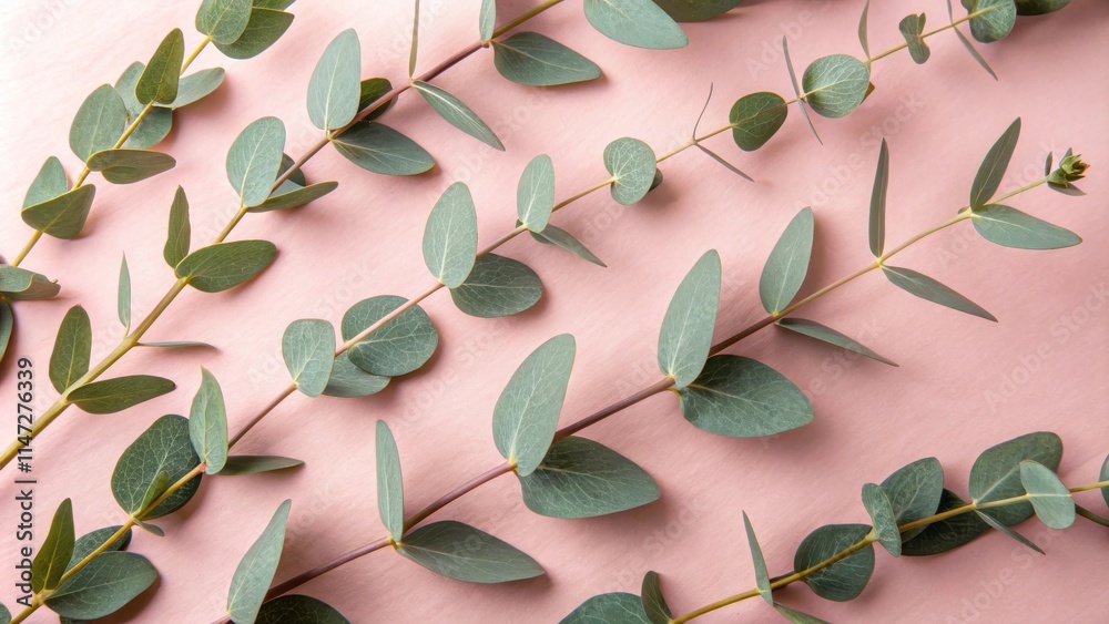 Poster a minimalistic display of eucalyptus branches with delicate green leaves on a pastel pink background