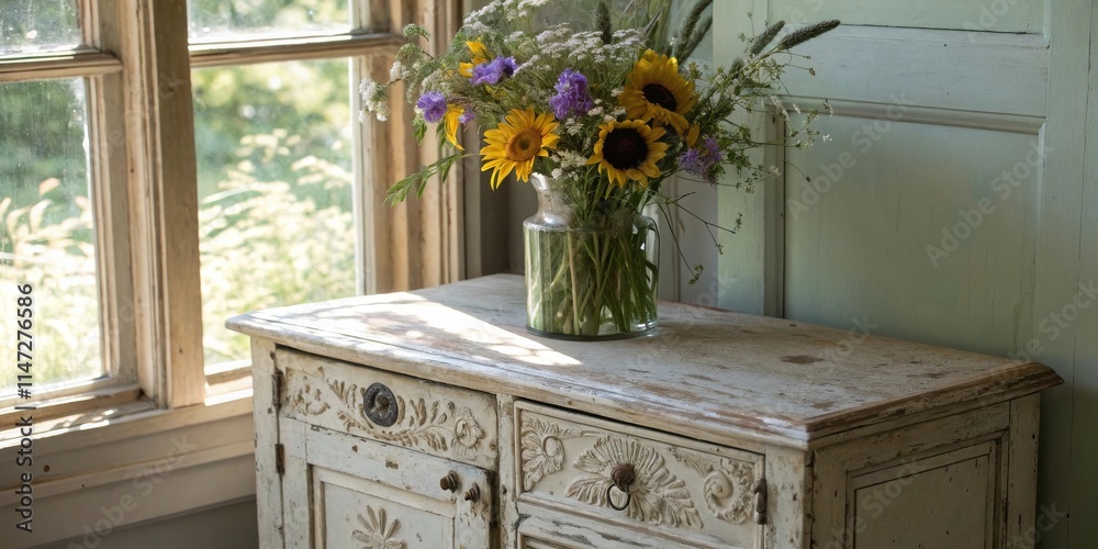 Poster a rustic cabinet with a vase of sunflowers and wildflowers on top, captured in soft sunlight streami