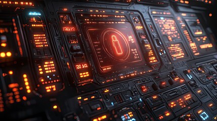 Obraz premium Futuristic control panel with glowing orange lights and complex digital interface for advanced technology systems