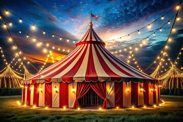 A red and white striped big top shimmers, fairy lights twinkling amongst the stars.