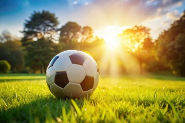Fototapeta premium A soccer ball rests on a vibrant green grass field.