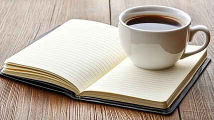 A cozy and inviting workspace featuring an open notebook beside a steaming cup of coffee on a rustic wooden table