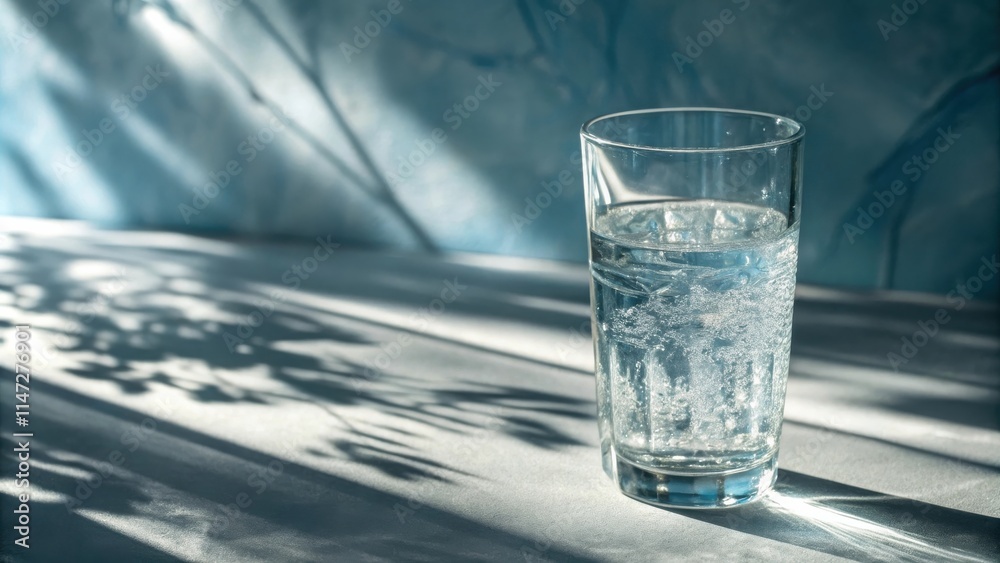 Aufkleber a glass of sparkling water with sunlight shining through it on a white surface with blurry shadows o