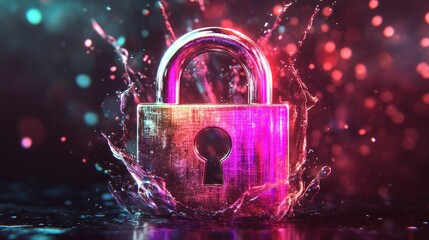 A vibrant metal padlock bursts through vivid water splashes, symbolizing protection and security in a colorful abstract setting