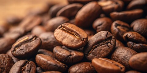 Obraz premium A close-up view of roasted coffee beans, revealing their rich brown hues, intricate surface textures, and the promise of a flavorful brew.
