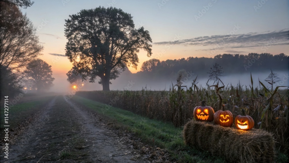 Poster a long dirt road winds through a misty field at dawn, leading towards a silhouetted tree, with three
