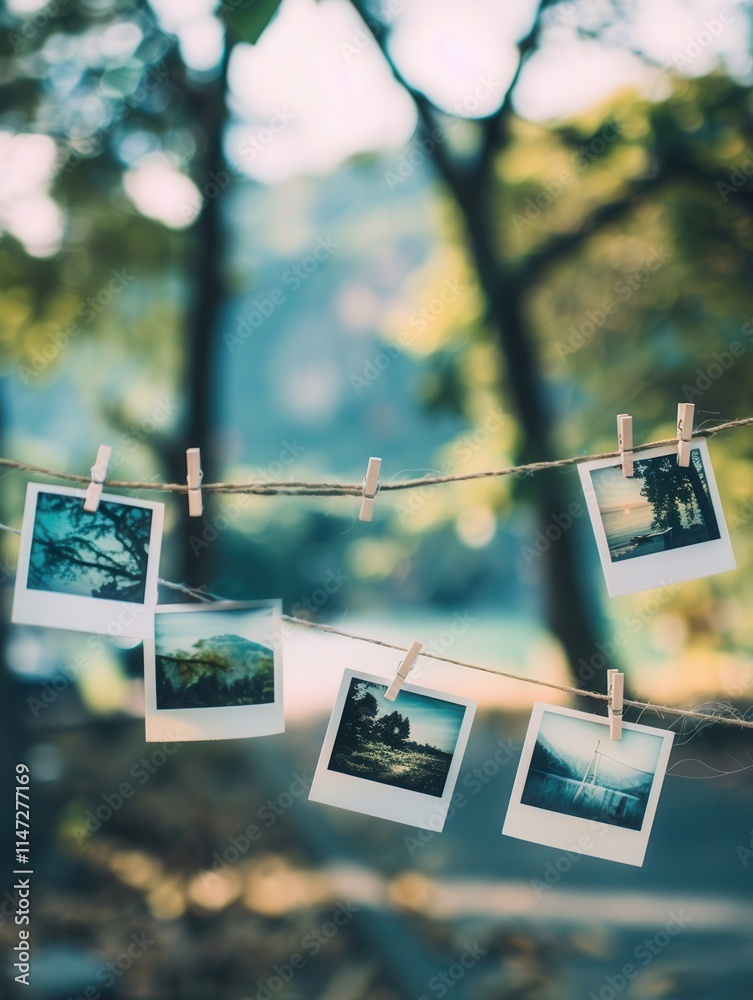 Fototapete polaroid photos displayed on a string with clothespins in a serene outdoor setting near trees. gener