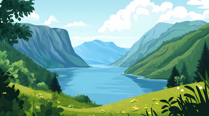 Landscape with a fjord surrounded by green image. Fjordic. Illustration