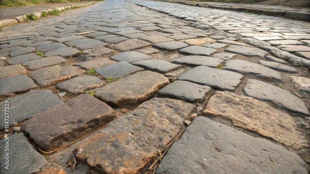 Leinwandbilder A close-up perspective of a cobblestone street, revealing the intricate details of the irregular stones and the subtle variations in their color and texture, creating a visually captivating pattern.