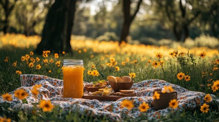 Enjoying a tranquil outdoor picnic in a sunlit flower meadow with refreshments and snacks on a cozy blanket