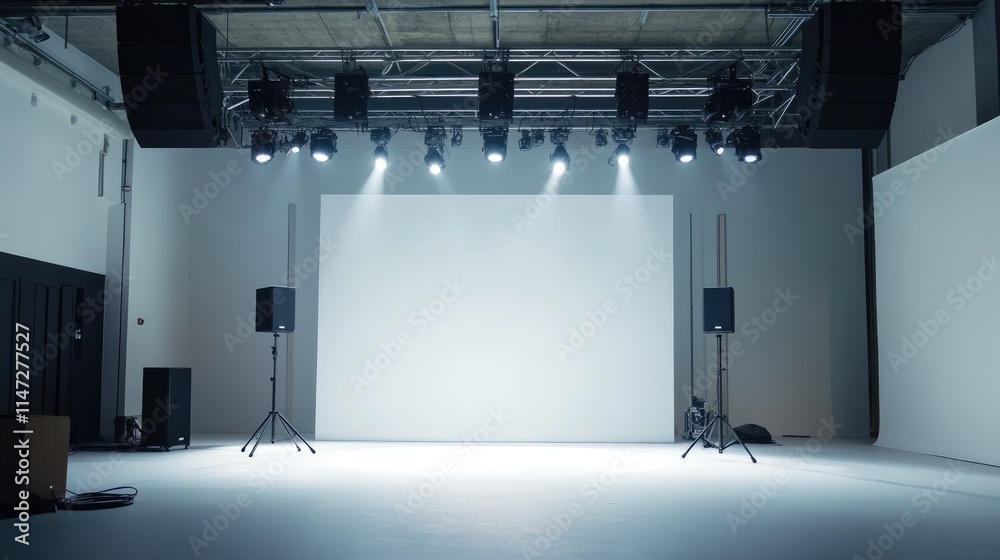 Poster A blank white stage with a speaker and spotlights mounted on a truss system, creating an empty canvas for a live event, performance, or corporate presentation